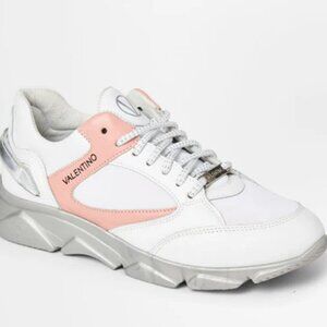 NIB$479 VALENTINO Theo Colorblock White Pink Lace-Up Leather Sneakers 7.5